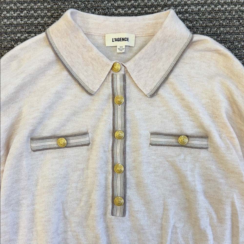 L’AGENCE Masaki Cropped Shortsleeve Sweater - Parchment/Cappuccino Gold, size M - Picture 7 of 8